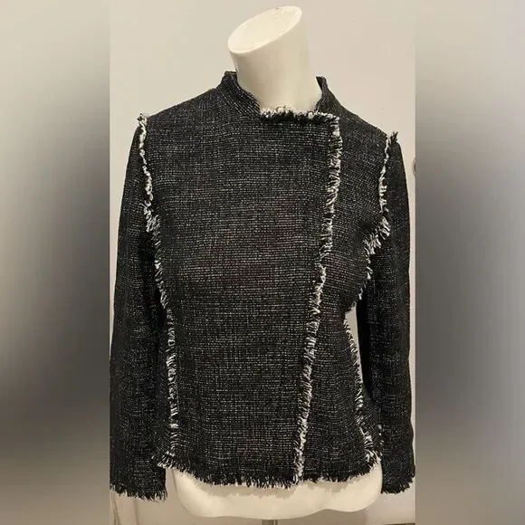 New Ann Taylor Black Tweed Fringe Asymmetrical Zip Moto Jacket Blazer - Picture 4 of 9